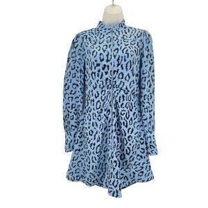 A.L.C. Marcella Leopard Print 100% Silk Long Sleeved Zip Mini Dress Size 6 Blue